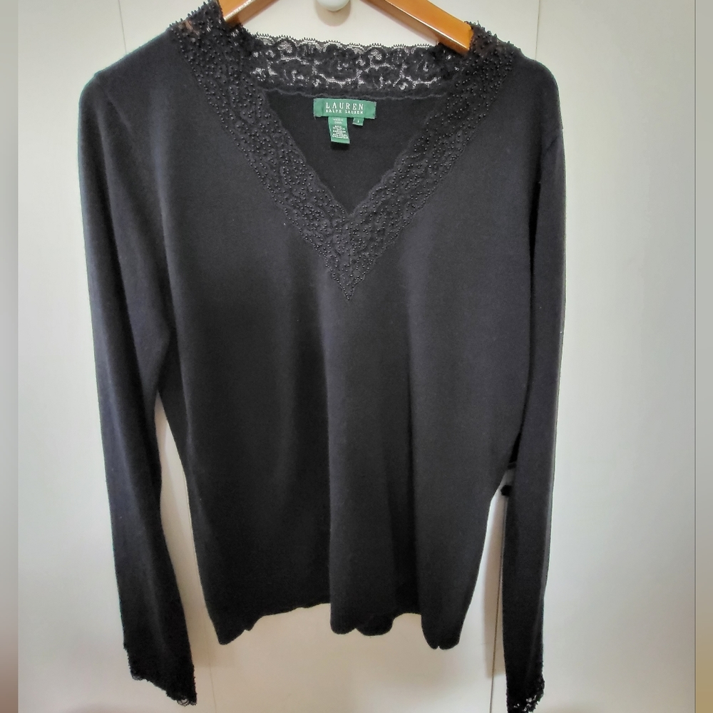 NWT Lauren Ralph Lauren Black Beaded Neck And Cuffs Long Sleeve Sweater Sz L
